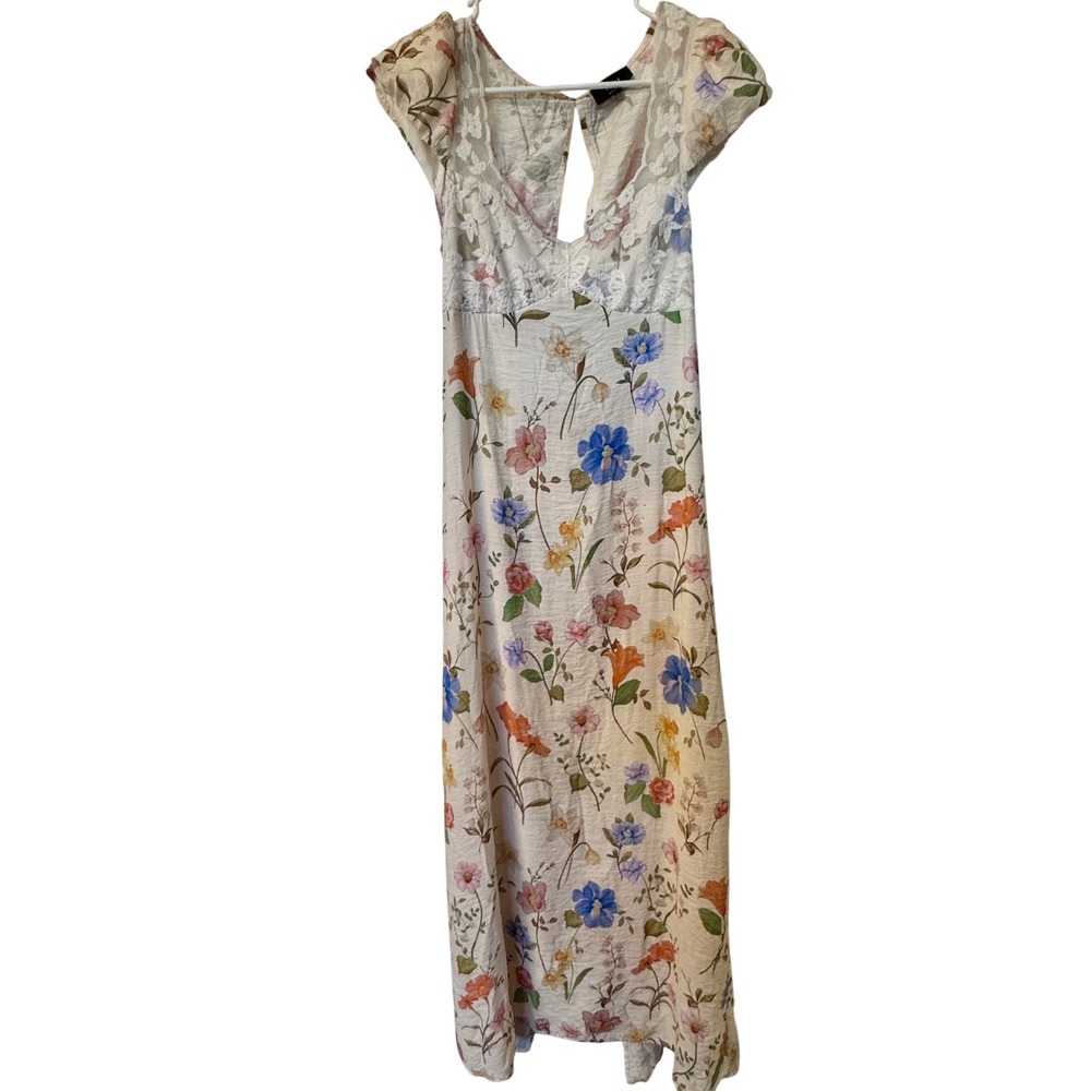 VICI Floral Lace Bodice Open Back Maxi Dress Cream Blue Orange Womens Medium - Picture 2 of 8